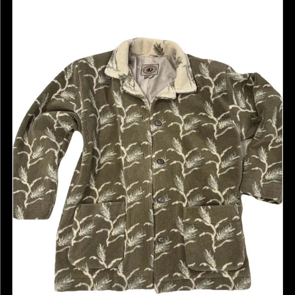 Vintage Olive Green Fleece Jacket Sherpa Collar Leaf Print Cozy Fall Coat